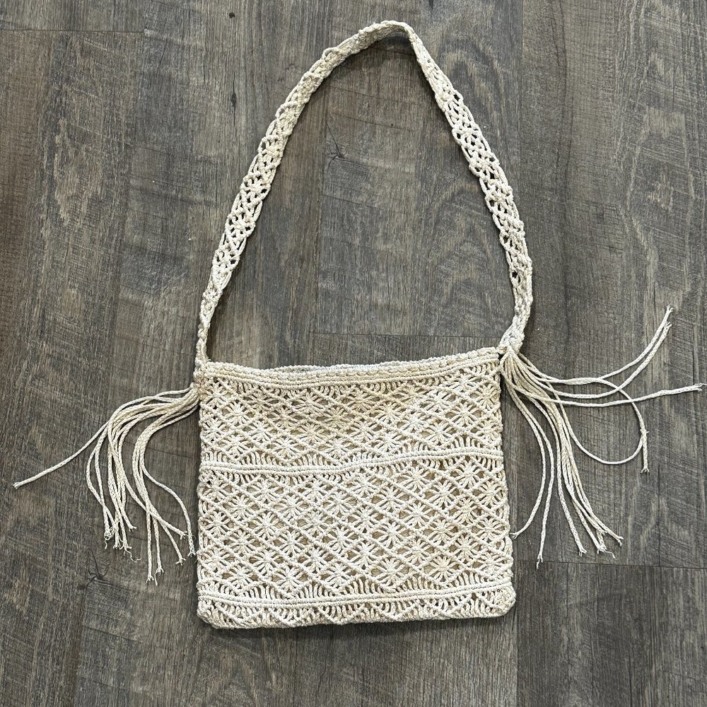 Vintage 70s Joseph Magnin Crochet Handbag Made in Italy Beige Lined 10.5" x 9"